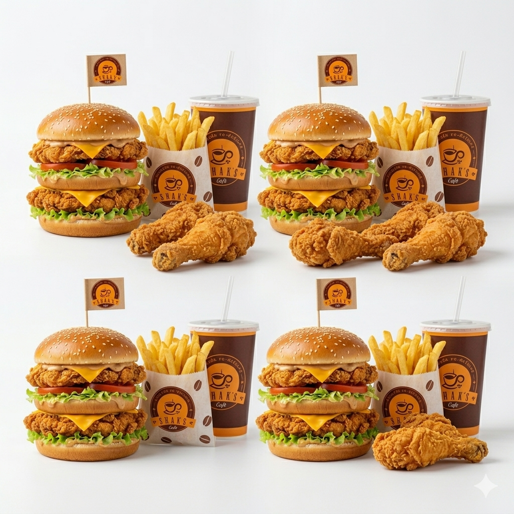 4 Crunchy Burgers, 4 Chicken Pieces, 4 Reg. Fries, 4 Reg. Drinks