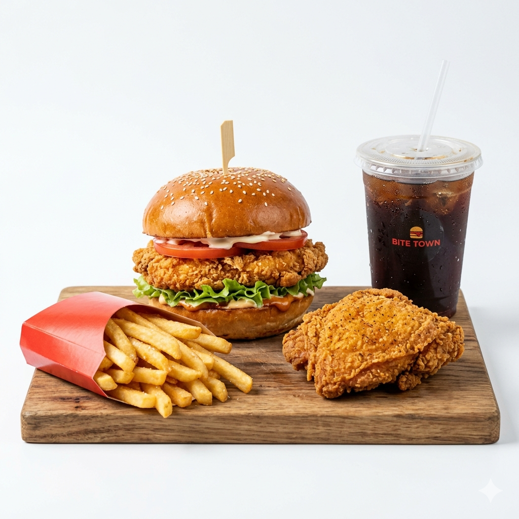 1 Crunchy Burger, 1 Chicken Piece, 1 Reg. Fries, 1 Reg. Drink