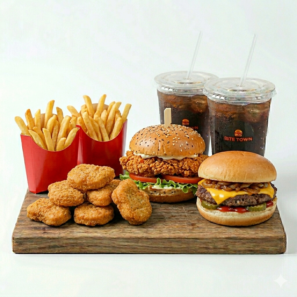 1 Zinger Burger, 1 Petty Burger, 2 Reg. Fries, 2 Reg. Drinks
