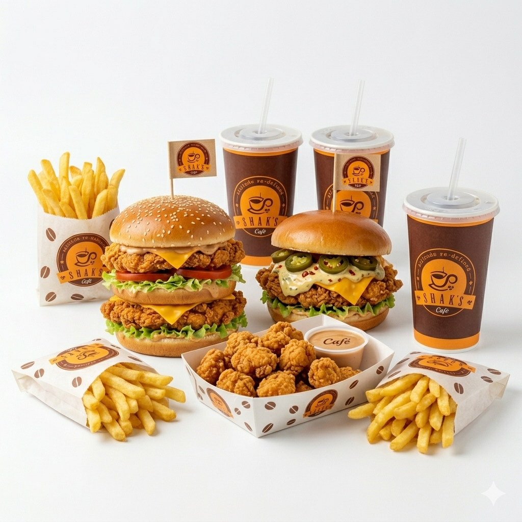 1 Crunchy Burger, 1 Jalapeno Burger, 10 Chicken Bites, 2 Reg. Fries, 3 Reg. Drinks